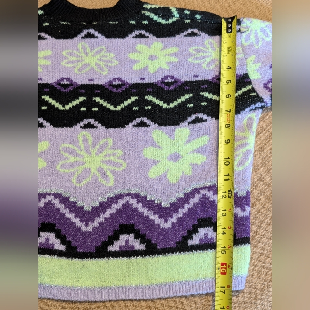 Justice Girls Kids Purple Green Black Retro Floral Fair Isle Patterned Sweater - Picture 10 of 10